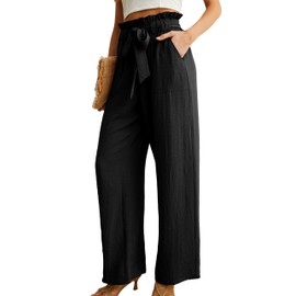 IWOLLENCE Women's Wide Leg Pants with Pockets High Waist Adjustable Knot Loose Casual Trousers Business Work Casual Pants Black Medium