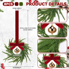 Lyrow 8 Pcs Mini Christmas Kitchen Cabinet Wreaths with Ribbon Artificial Leaves Berries Hanging Wreaths for Home Front Door Christmas Holiday Indoor Decor(Neutral Style)