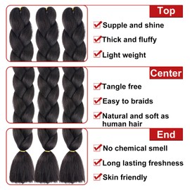 RuiYok 24 Inch Black Kanekalon Braiding Hair Extensions 6 Packs Jumbo Braid Hair for Braiding Synthetic Jumbo Box Braids Hair Extension for Women(6 Packs,Black)