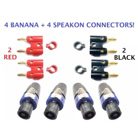 cedarslink Pack of 4 Banana Connectors + Pack of 4 Speakon 4 Pole Connectors Adaptors