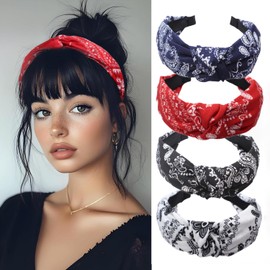 SIXHAOBU Pack of 4 Wide Headbands, Paisley, Rockabilly Headband, Pleated Headband, Vintage Hair Accessories, Headwear, Hair Bands, Women with Knot for Women and Girls