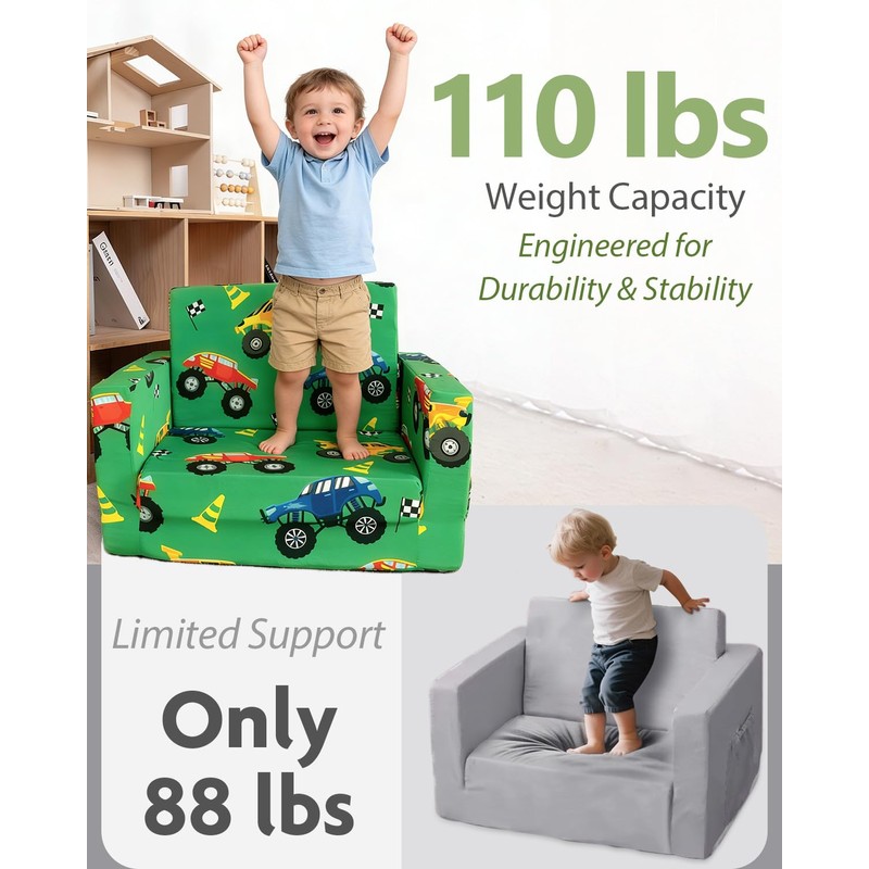 Toddler Couch, 2-in-1 Foldable Kids Comfy Chair & Lounger, Monster