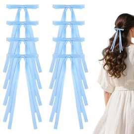 8 Pcs Dual Hair Bows, Blue Bowknot Accessories, Alligator Clips Bows for Girls, Solid Satin Hair Ribbon with Long Tassel Tail for Women Girls Daily Festival Dress Decor