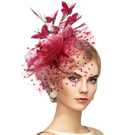 Zinniday Red Monarch Butterfly Fascinator - 1920s 50s Feather Flower Tea Party Hats for Women Tea Lady Girls Party Attire Derby Headwear, Vintage Elegant Kentucky Hat 2025 with Hair Clip