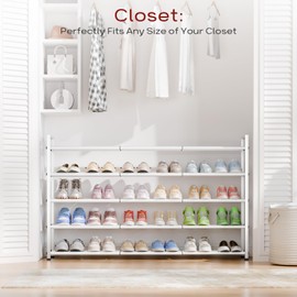 Bumusty 5-Tier Long Expandable Shoe Rack for Closet, 18"-44" Adjustable Shoe Rack for Entryway, 25-30 Pairs Large Shoe Organizer Shelf Storage, Sturdy Metal, White