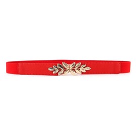 Diyafas Stretchy Dress Thin Belt Ladies Elastic Waistband Leaf Buckle Skinny Belts, Red, One Size