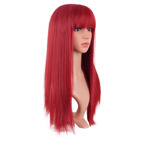MapofBeauty 22 Inch/56 cm Women Long Straight with Flat Bangs Synthetic Hair Heat Resistant Fiber Hair for Party Cosplay Wig (Red)