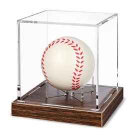 Paudao Baseball Display Case Full Size with UV Protection - 3.9 X 3.9 X 3.9in Clear Acrylic Box Baseball Holder with Wooden Base, Autograph Stand Box for Single Ball, Brown