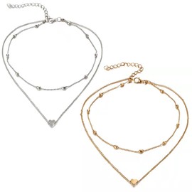 Boho Multilayer Choker Necklaces with Heart Pendant, Pack of 2 Women's Layered Chain, Double Chain Necklace for Women, Fashion Multi Layer Necklace, for Women and Girls, Gold, Silver