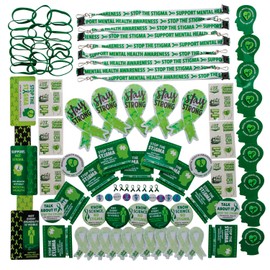 Fun Express Mental Health Awareness Items Bulk 250 Piece - Gifts, Bracelets, Pins, Stickers & Pens for Mental Health Awareness Month | School, Healthcare & Fundraiser Giveaways - Green Ribbon Theme
