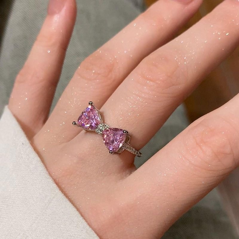 xdlhghe Bow Ring for Women Silver Pink Crystal Adjustable Dainty