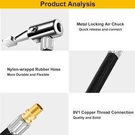 GODESON 6" Tire Inflator Hose Adapter,Air Chuck with Braided Hose and Presta Valve Adaptor for Air Compressor,Schrader Valve Adapter for Tire Pump's Twist On Convert to Lock On Connection