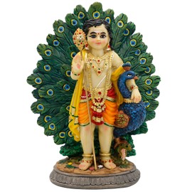 Lord Kartikeya Statue with Peacock - 6.7”H Indian Lord Murugan Idol Murti Item Home Office Temple Mandir Shrine Altar Pooja Decor India Diwali Puja Gifts for Friends Relative