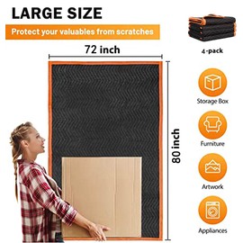 4 Pack Large Moving Blankets 80 * 72in Heavy Duty Packing Blankets for Furniture Moving Shipping Wrapping Quilted Furniture Pads for Moving, Padded Mover Blankets