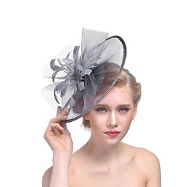 JINTN Lady Mesh Net Veil Fascinator Hat Feather Flower Bridal Headwear Elegant Tea Party Pillbox Church Wedding Cocktail Headress Grey