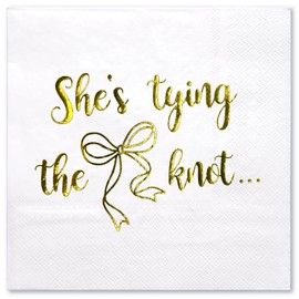 WRAPAHOLIC 50Pcs Wedding Napkins - 3-Ply Disposable Cocktail Napkin for Engagement Wedding Tableware Party Supplies, Gold Foil She's Tying the Knot - 5 x 5 In