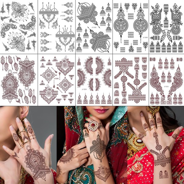 PPVWEY 10 Sheets Henna Tattoos Temporary Henna Stickers 5P Black