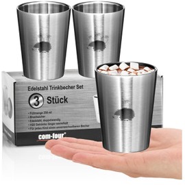 com-four® 3x stainless steel drinking cups for children - thermal drinking cups 250 ml made of stainless steel 304 - shatterproof camping cups - double-walled insulating cups - BPA-free