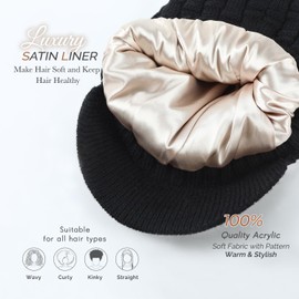 Creekstone Beanie for Women Men Satin Lined Winter Hats Slouchy Beanies Hats Satin Lined Beanie with Brim Visor, black