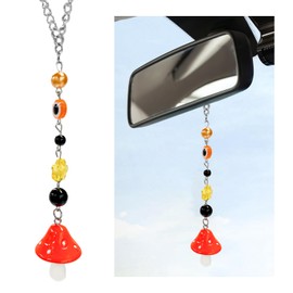 SHMZK Car Rearview Mirror Mushroom Charm, Car Hanging Ornament Resin Mushroom Pendant for Women Girls, Lucky Mushroom Beaded Decor Universal Rear View Mirror Charm for Vehicle Home Office (Orange)