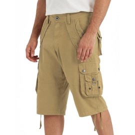 Rejork Mens Cargo Shorts with 8 Pockets Long Below Knee Length Relaxed Fit Casual Hiking Work Outdoor Khaki 38