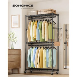 SONGMICS Heavy-Duty Rolling Clothes Rack, Garment Rack, Portable Closet, 35.4-Inch Wide Clothing Rack on Wheels, with Adjustable Mesh Shelves and Hanging Rails, Hooks, Ink Black ULGR413B01