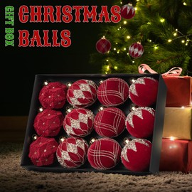 12-Pack Velvet Christmas Ball Ornaments - 80mm/3.15 in Flocked Red Christmas Ornaments Hanging Shatterproof Plastic Ball Decorations for Xmas Tree, Holiday, Wedding, Party