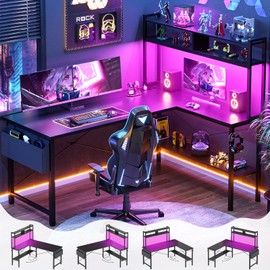 Aheaplus L Shaped Desk Gaming Desk, 59'' L Shaped Computer Desk with LED Light & Power Outlet, Reversible Home Office Desk Gamer Desks with Shelves & Storage Bag & Hooks, Corner PC Desk, Black