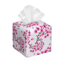 OHEGBXE Cherry Blossom Flowers Tissue Box Cover Square, Tissue Box Holder Leather Facial Paper Case Decorative Organizer Holder Dispenser Home Office Car Decor