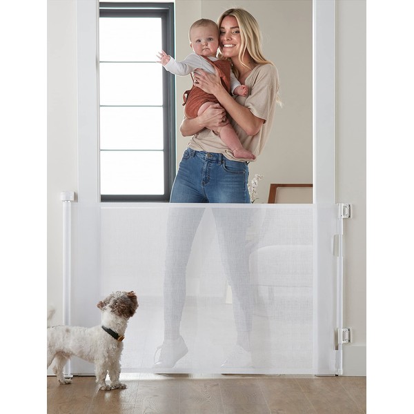Cumbor Baby Gate Retractable Gates for Stairs, Mesh Dog Gate for The House, Wide Pet Gate 33" Tall, Extends to 55" Wide, Long Child Safety Gates for Doorways, Hallways, Cat Gate Indoor/Outdoor(White)