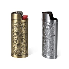 HUMWE 2 Pack Vintage Metal Lighter Case Cover Front Floral Engraving Reusable Lighter Sleeve for Bic J6 Regular Lighters (Style2-Bronze&Silver, 2)