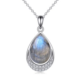 YAFEINI Moonstone Necklace for Women 925 Sterling Silver Filigree Zirconia Pendant Necklace Jewellery for Girls, Sterling Silver, Labradorite