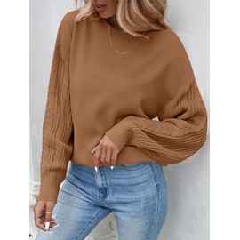 ZESICA Women's Fall Long Sleeve Crew Neck Solid Color Cable Knit Chunky Casual Oversized Pullover Sweater Tops,Camel,XX-Large