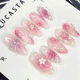 24Pcs Flower Press on Nails Medium Almond Fake Nails 3D Flowers Bow Butterfly with Rhinestones Glitter Designs Full Cover Pink Ombre Stick on Nails Summer False Nails for Women Girls Acrylic Nails