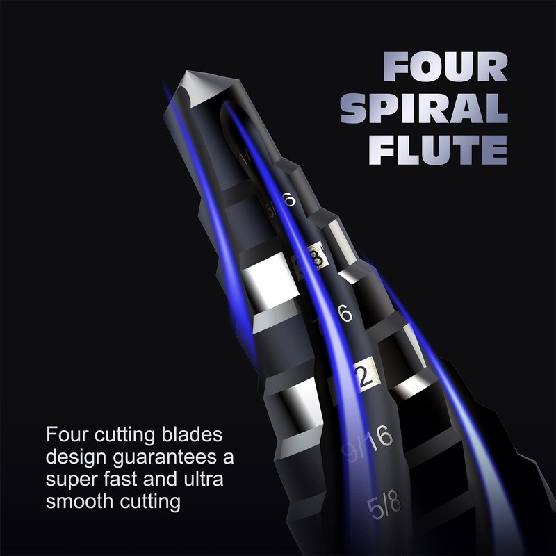 M35 Cobalt Four Spiral Flute Step Drill Bits,1/4”-3/4"(9 Step Size)