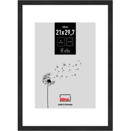 DEHA Design Trauerrahmen, 21 x 29,7 cm (A4), Aluminium, Eloxal Schwarz Matt, mit Passepartout 13x18, Portraitrahmen zum Auftstellen und Aufhängen im Hoch- & Querformat, Echtglas, Memoria