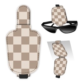 DtuiQSDRV Leather Magnetic Sunglass Holder for Car Sun Visor, Cute Eyeglass Ticket Card Hanger Clip, Universal Auto Interior Accessories for SUV Pickup Truck Light Brown Checker