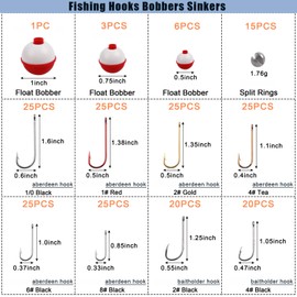 Fishing Tackle Box Kit Beginners Equipment, 215pcs Include Fishing Hooks, Bobbers, Split Shot Sinker Weights, Starter Kit for Artificial and Live Baits Trout Panfish