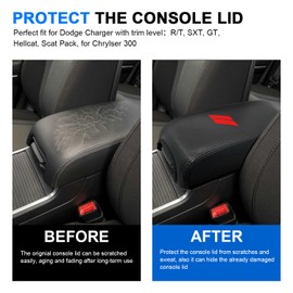 REMOCH Center Console Cover for Dodge Charger Accessories 2011-2021 2022 2023 for Chrysler 300 2015-2022 Leather Armrest Cover Console Box Lid Protector Interior (Carbon Fiber, Leather)