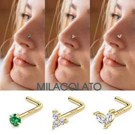 MILACOLATO 925 Sterling Silver Nose Stud for Women Men Stainless Steel L Shaped Nose Stud Gold-Leaf