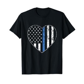 Thin Blue Line American Flag Heart Police Officer Support Women Kids Men T-Shirt