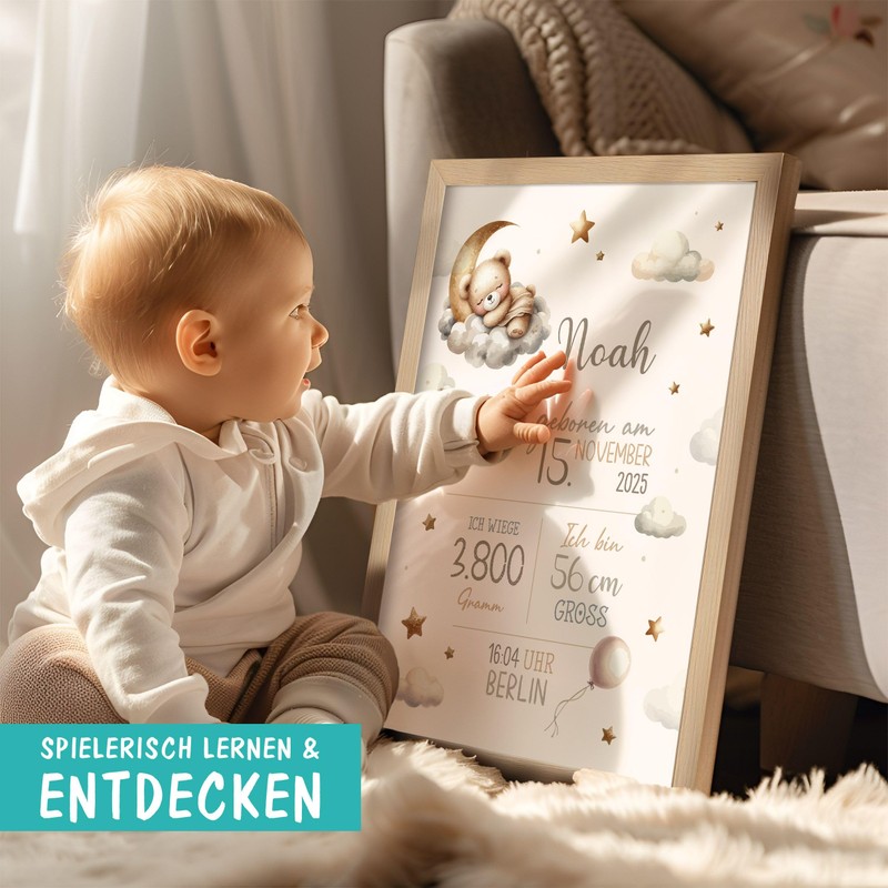 SpecialMe® Baby Poster personalisiert mit Geburtsdaten – Geburtsposter mit Teddybär,