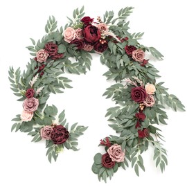Ling's Moment Flower Garland - 6FT Eucalyptus & Rose - Sweetheart Table Decor for Wedding Reception, Artificial Floral Garland for Mantle, Thanksgiving, Christmas Decoration, Burgundy & Dusty Rose
