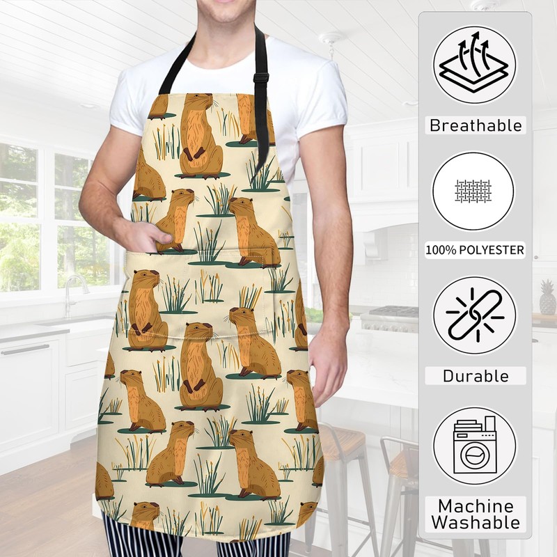 cromcu Capybara Apron,Oxford Fabric Adjustable Kitchen Apron with 2 Pockets,Waterproof