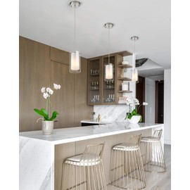 AKEZON 1-Light Pendant Light, Indoor Glass Hanging Light Fixture, Adjustable Height, Brushed Nickel Finish for Kitchen Dining Room, KP-506