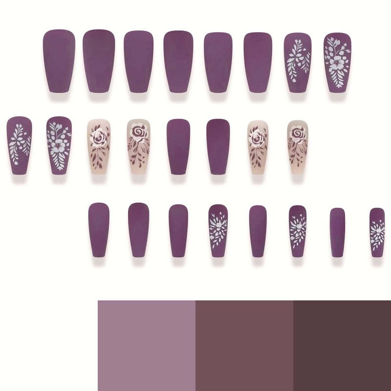 Flower Press on Nails Long Romantic Violet Fake Nails Artificial
