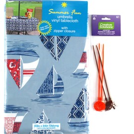 Summer Decorative Sails Coastal Sailboats Umbrella Vinyl Tablecloths: Patio Table Cover with Hole and Zipper Closure for Umbrella, Blue Red White, 60" x 84" Inch Rectangle (Sailboats)