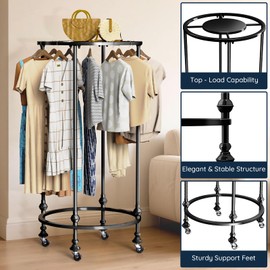 Rolling Round Garment Rack, Freestanding Double Space Multi-Purpose Retail Clothing Rack with Wheels and Topper, Heavy Duty Commercial Clothing Organizer for Retail Boutique Bedroom (Black)