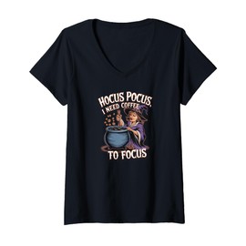 Womens Hocus Pocus I Need Coffee to Focus Funny Witch Caffeine Tee V-Neck T-Shirt