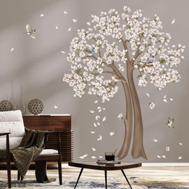 decalmile Wandtattoo Baum Groß Blüten Weiß Wandaufkleber Weiß Blumen Vögel Zweig Wandsticker Schlafzimmer Wohnzimmer TV Wand Haus Wanddeko(H:154cm)